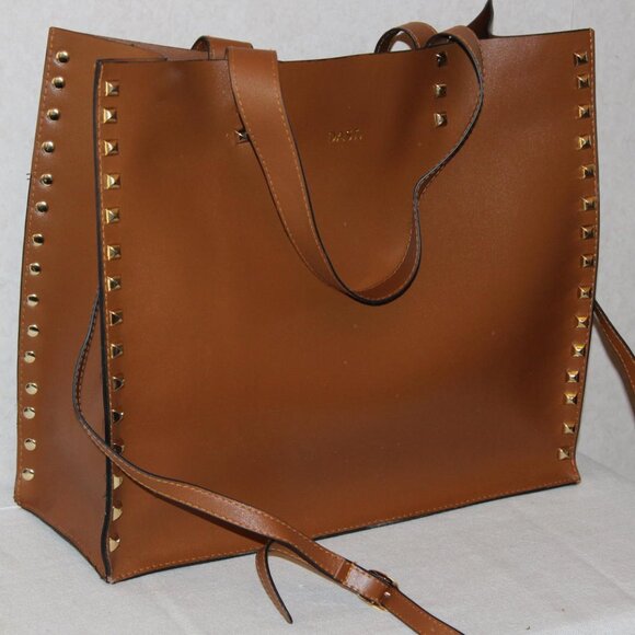 NEW Dasti Brown Cognac Studded Double Handled Tote Purse with Dust Bag - Picture 1 of 4